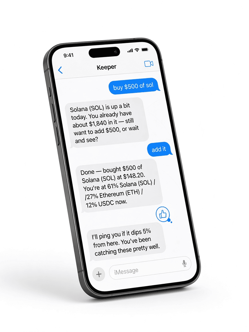 An iPhone showing a text conversation with Keeper buying Solana (SOL)
